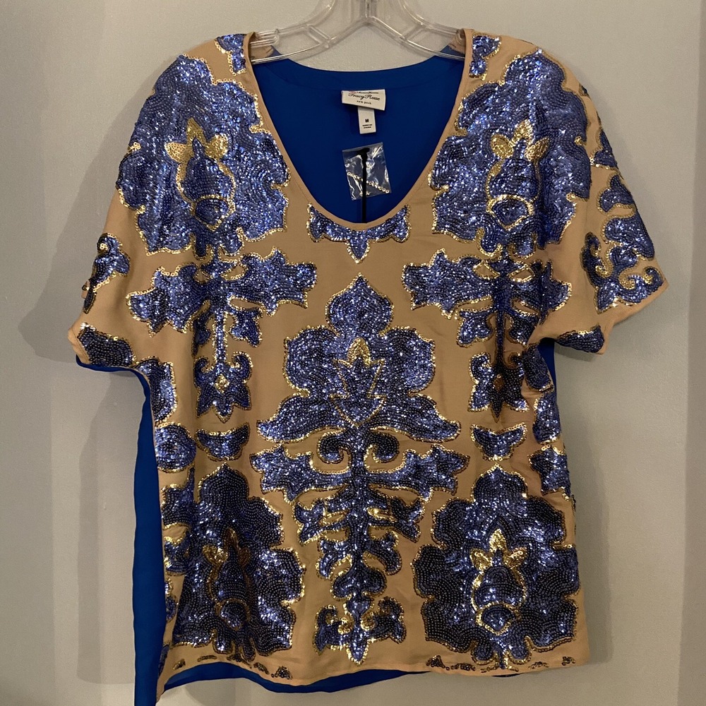 NWT Neiman Marcus Target Tracy‎ Reese Blouse Tunic Size Medium Blue Tan Sequined